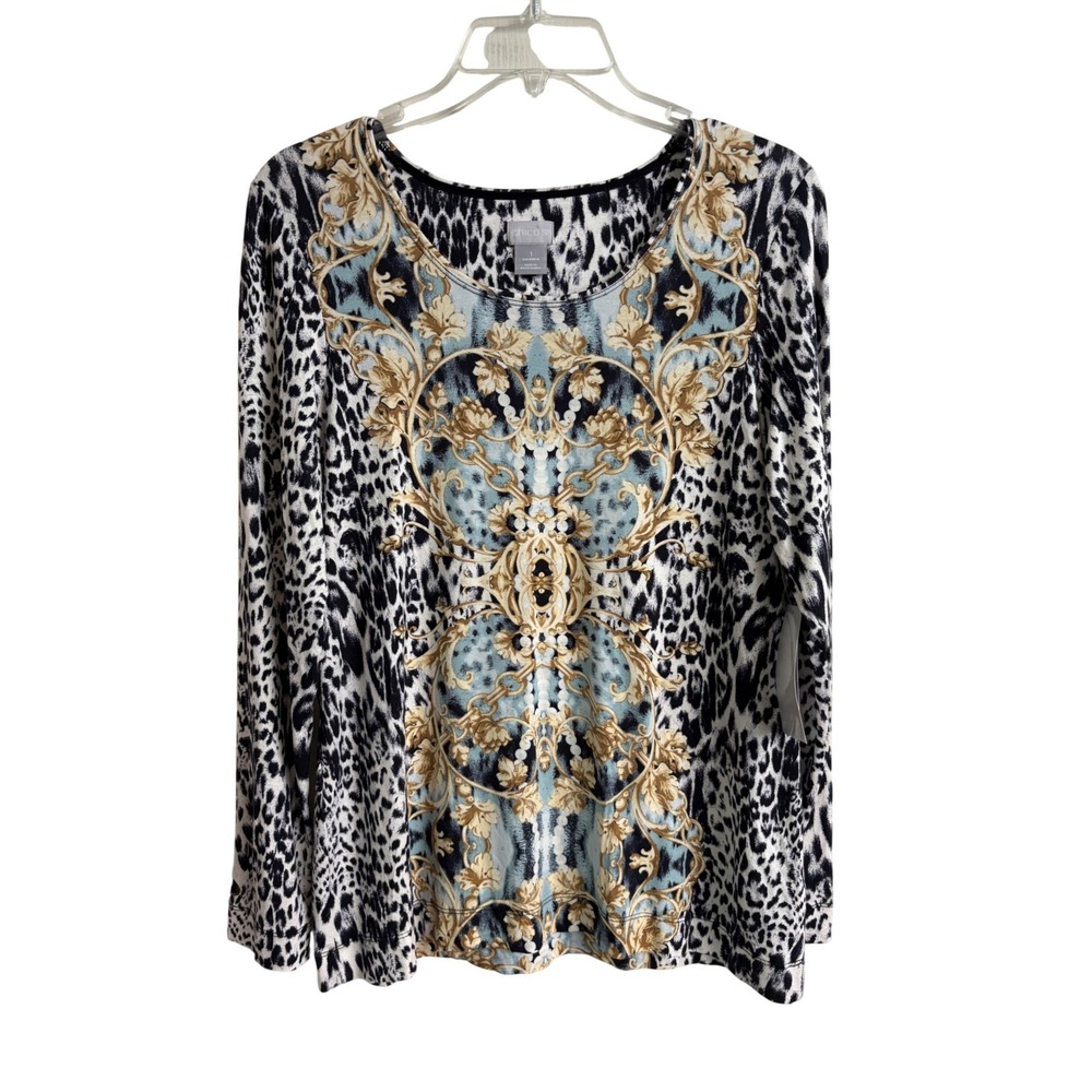 Chicos Touch of Cool Elevated Status LS Iced Sage Leopard Baroque M NWT